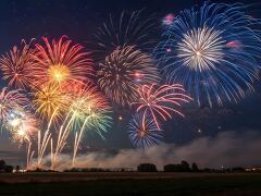 Colorful fireworks burst into vibrant displays, lighting up the dark sky during a festive event. The night is alive with sparkling colors and joyous energy.