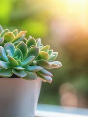 A pot filled with vibrant succulents sits gracefully against a delicate background. Natural light highlights the smooth textures and rich colors, creating a serene atmosphere.