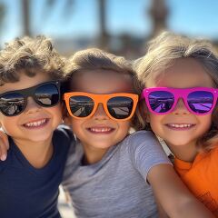 Five children stand closely together, smiling joyfully while wearing colorful sunglasses. They enjoy a sunny day, surrounded by a vibrant atmosphere and blue skies.