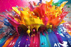 brightly colored paint splashing on a colorful surface with a bl