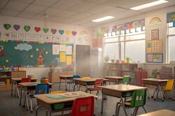 brightly decorated classroom with small desks and colorful chairs