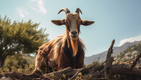 brown goat with long horns in greece