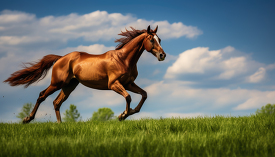 brown horse running across a green field