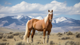 brown horse standing in a field with mountains in the background