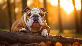Bulldog resting on a tree log