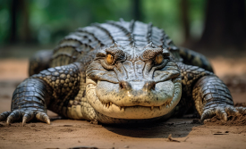 Caiman with teeth showing sits on the ground front view
