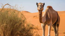 camel wandering through the desert sand dune