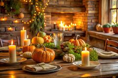 candle lit autumn table setup featuring pumpkins