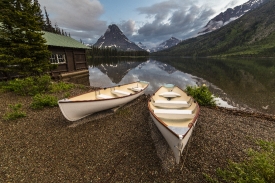 canoes on shoreline at two medicine lake montana
