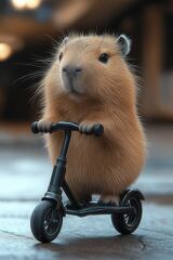 A capybara happily plays with a scooter indoors, showcasing a humorous expression while perched on the scooter as if ready for an adventure, capturing a playful moment.