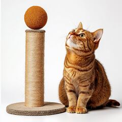 Cat curiously gazes at a golden ball next to a scratching post in a well-lit indoor setting