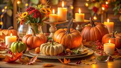 centerpiece arrangement featuring pumpkins candles and fall flowers