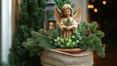 A serene angel figure cradles greenery, nestled among lush pine and eucalyptus. A lantern casts a warm glow, enhancing the tranquil holiday atmosphere in a cozy outdoor setting.