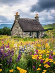 Nestled in a picturesque landscape, a cozy stone cottage is encompassed by a colorful meadow of wildflowers against a backdrop of dramatic clouds and rolling hills.