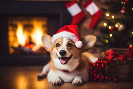 cheerful corgi in a santa hat sits in front of a cozy fireplace