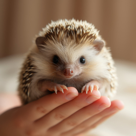 child holds a cute baby hedgehog in a hand