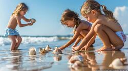 Children collecting seashells on a summer day
