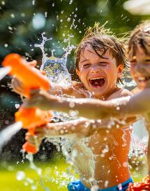 Children having funplaying with water guns in the backyard