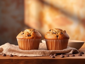 chocolate chip muffins on textured linen napkin blurred backgrou