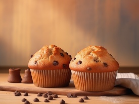 chocolate chips dot the golden brown surface of the fresh muffin