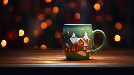 christmas mug on a table in with blurry lights in the background