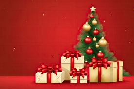 christmas tree surrounded by gold gift boxes on a red background