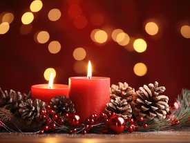 christmas with candles pinecones bokeh background
