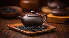 A traditional Zisha teapot showcases a rich red brown clay finish, filled with warm water and delicate Yixing black tea leaves. Natural lighting highlights its elegant design and texture.