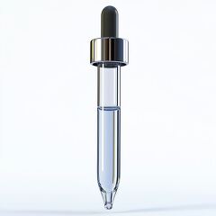 Clear glass dropper bottle with silver cap filled with liquid on a plain background