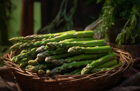 close up of a basket of asparagus on a table