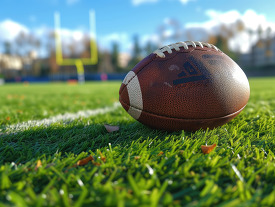 Close up of a football on green grass with goalposts in the back