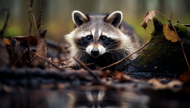 close up of a raccoon in the woods.