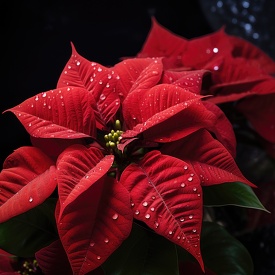 close up of a red poinsettia plant with dew on its leaves on a d