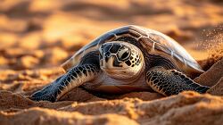 close up of a sea turtle resting on sandy ground