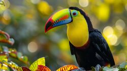 Close up of a vibrant keel billed toucan in tropical forest