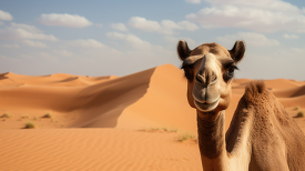 close up of camel with sand dunes in background