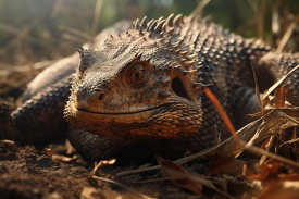 Close up of large lizard laying on bed of dirt
