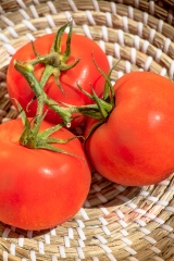close up three fresh tomatoes with stems in weaved basket photo 