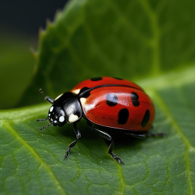 closeup bright red ladybug on green leaft