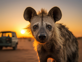 closeup of  striped hyena standing in the african savanna with s