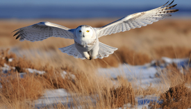 closeup of a beautiful snowy owl in flight
