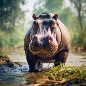 closeup of a hippopotamus walking in shallow water