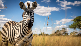 closeup of a Zebra standing in the grassland of africa with blue