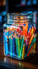 closeup of Assorted coloring pencils in a container