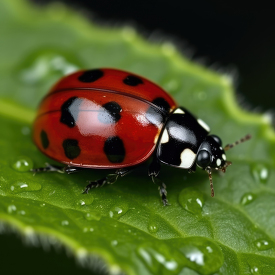 closeup of ladybug on green plant leaf covered with water dew