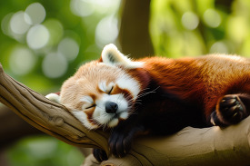 closeup of sleeping red panda a a tree branch