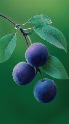 cluster of ripe plums with dew hangs from a branch