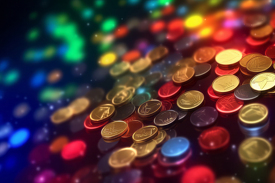 collection of coins with colorful background