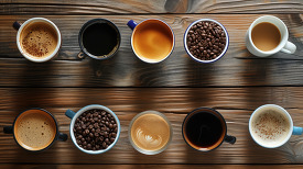Collection of different coffee types from espresso to latte on d