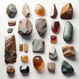 collection of rocks and minerals of different colors and shapes